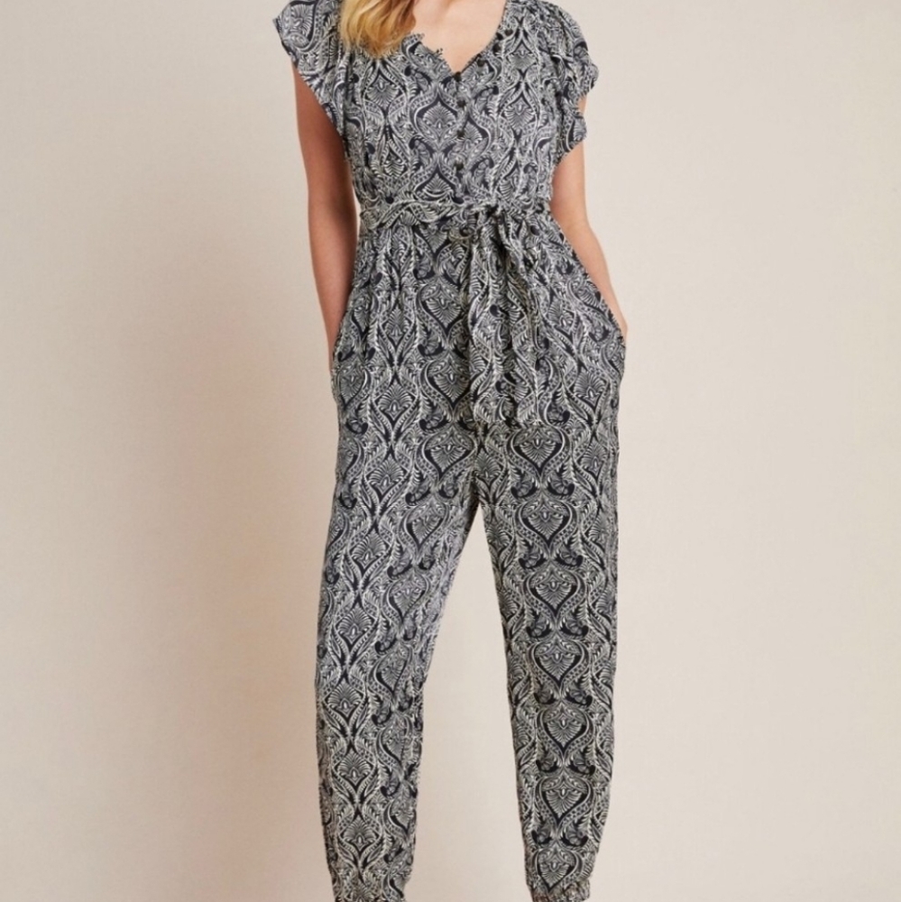 NWT Anthropologie Zadie Belted Black and White Patterned Jumpsuit